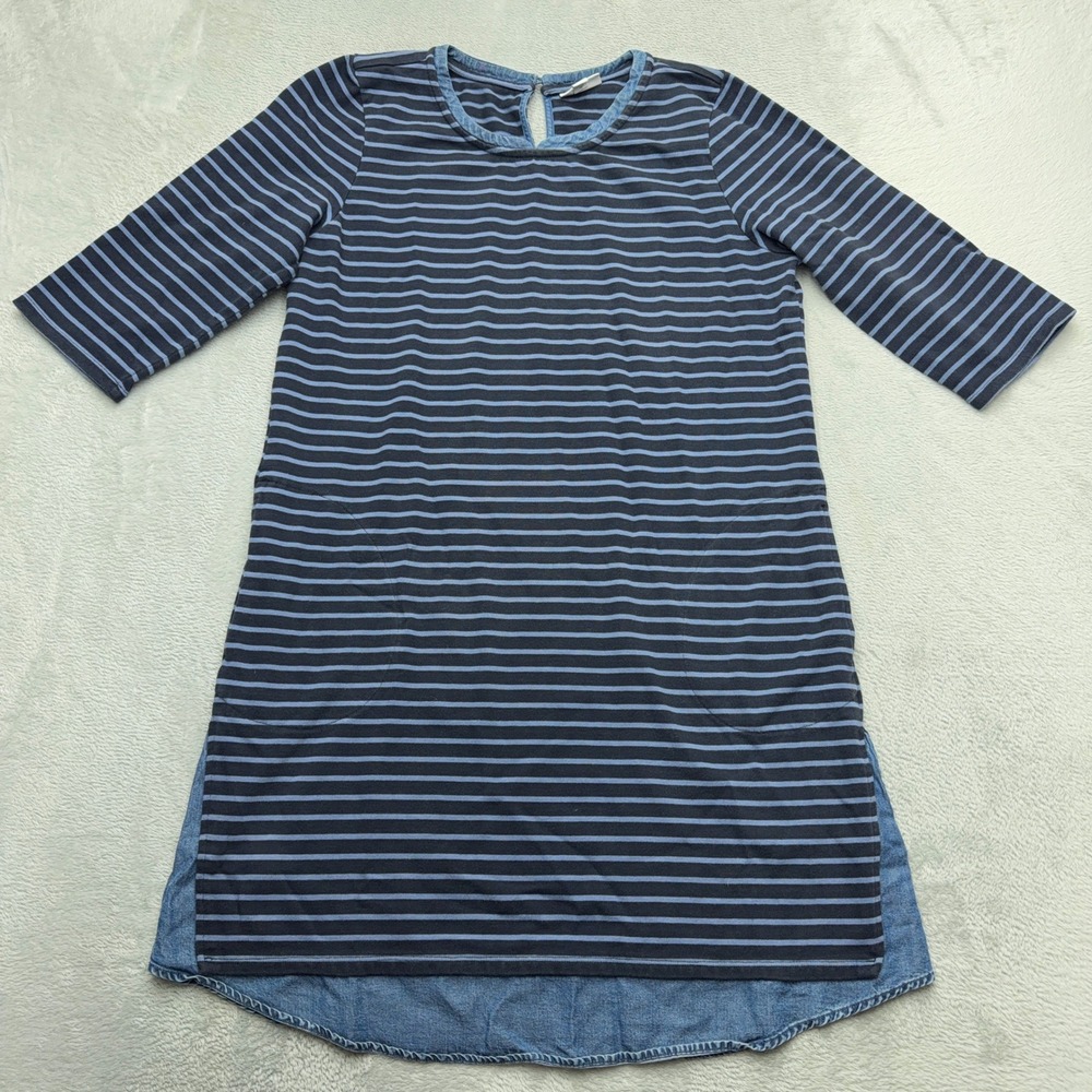 J. Jill Womens Small Shirt Blue Striped Chambray Trim Knit Shift Pocketed